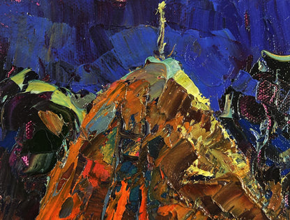 Vibrant impasto oil painting of twinkling stars over abstract mountains by Oksana Ivanyuk