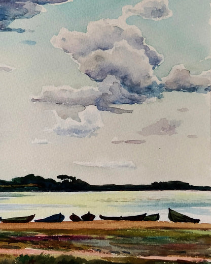 Watercolor painting of boats on shore by Vitaly Duhnevich