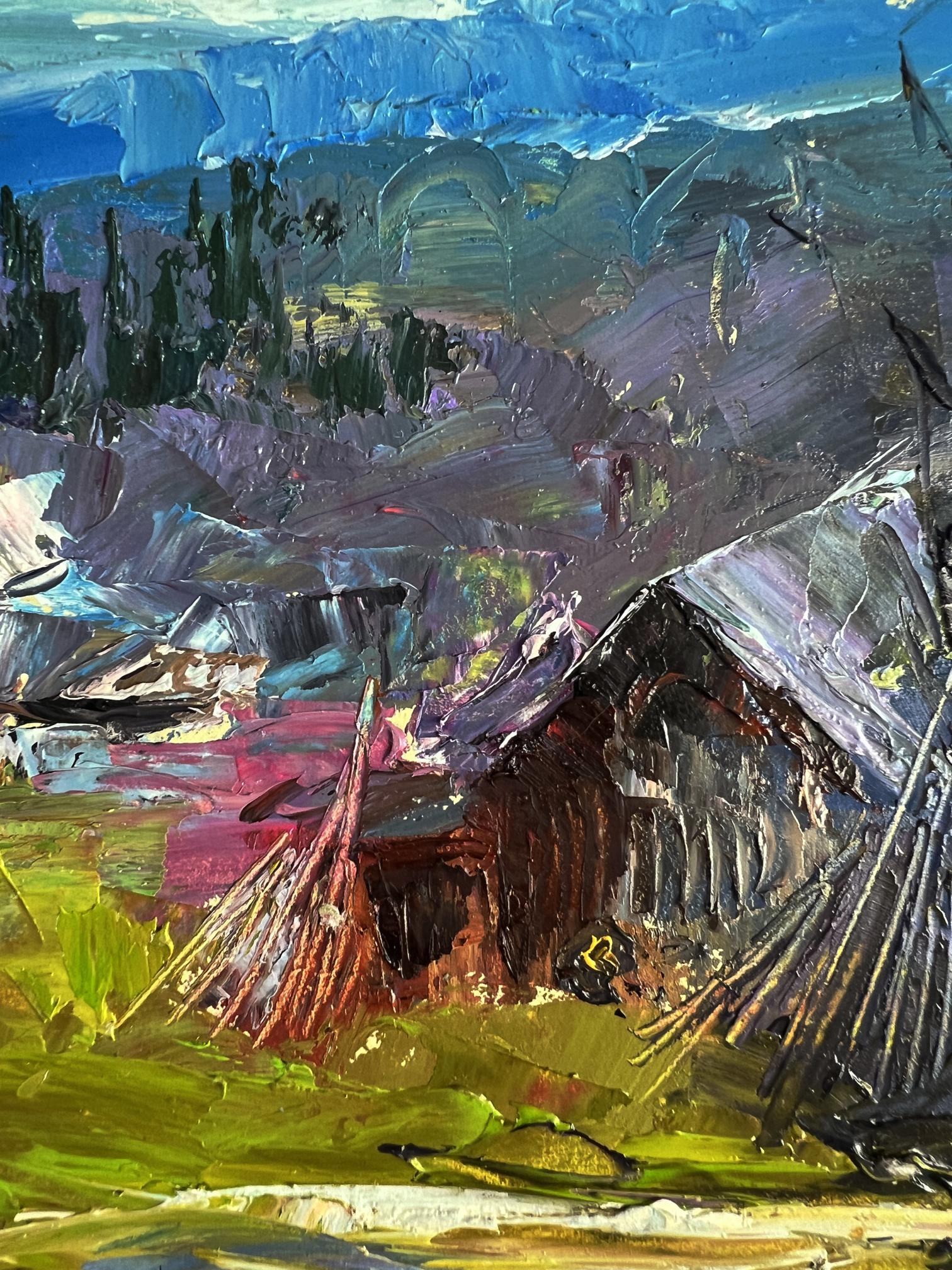 Oil painting of Boris Serdyuk village in mountains rustic cabin