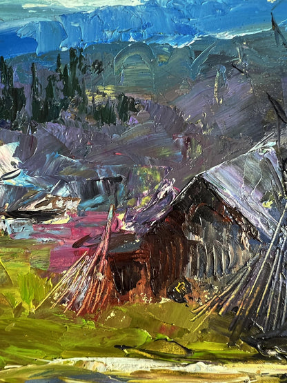 Oil painting of Boris Serdyuk village in mountains rustic cabin