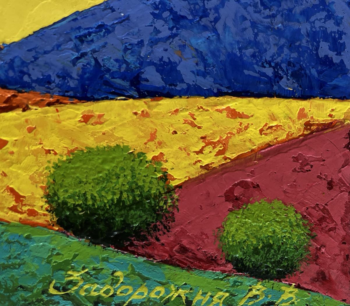 Vibrant impressionist oil painting of flaming mountain peaks by V. Zadorozhnya