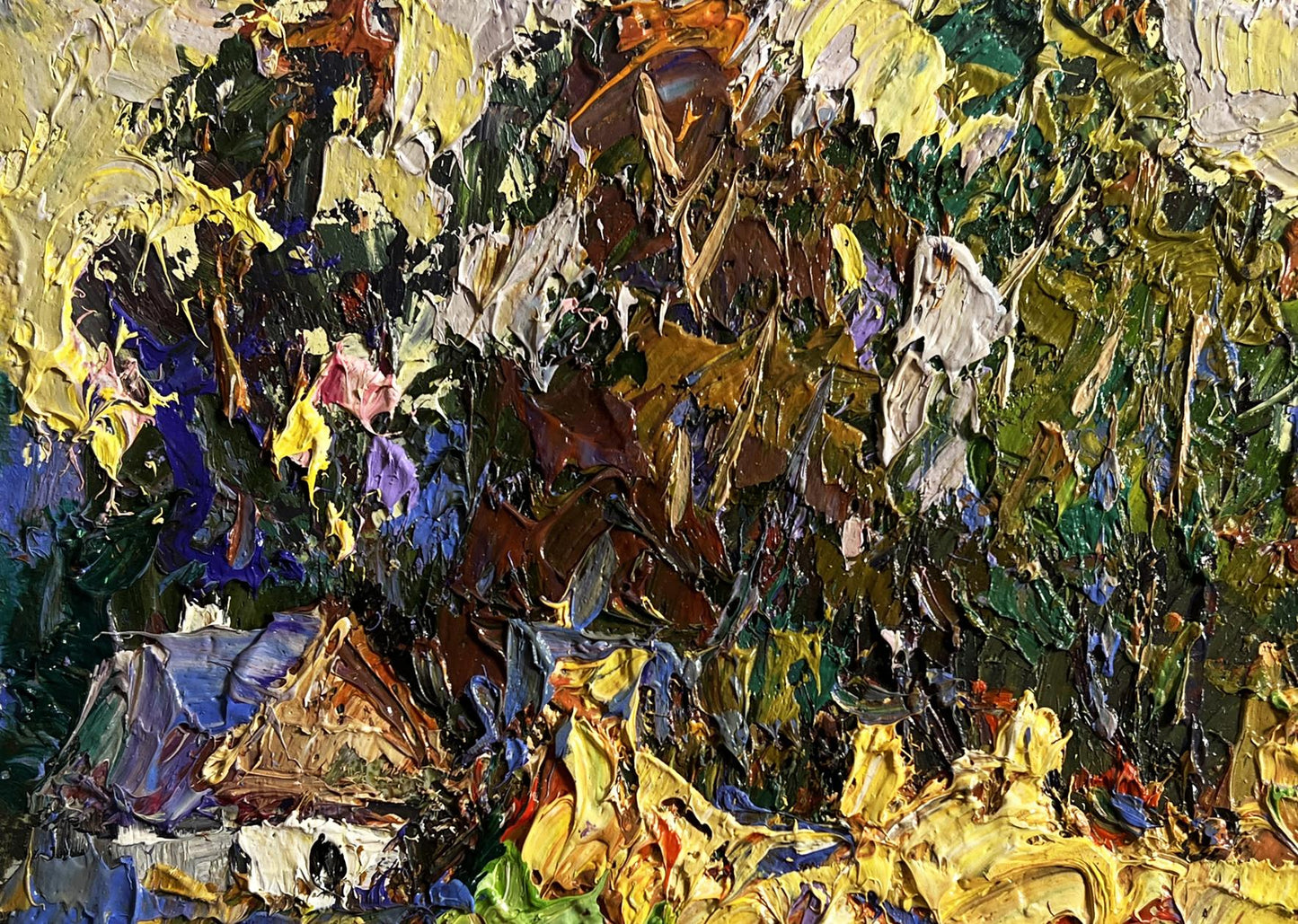 Oil painting of corn fields in village by Oleksiy Ivanyuk