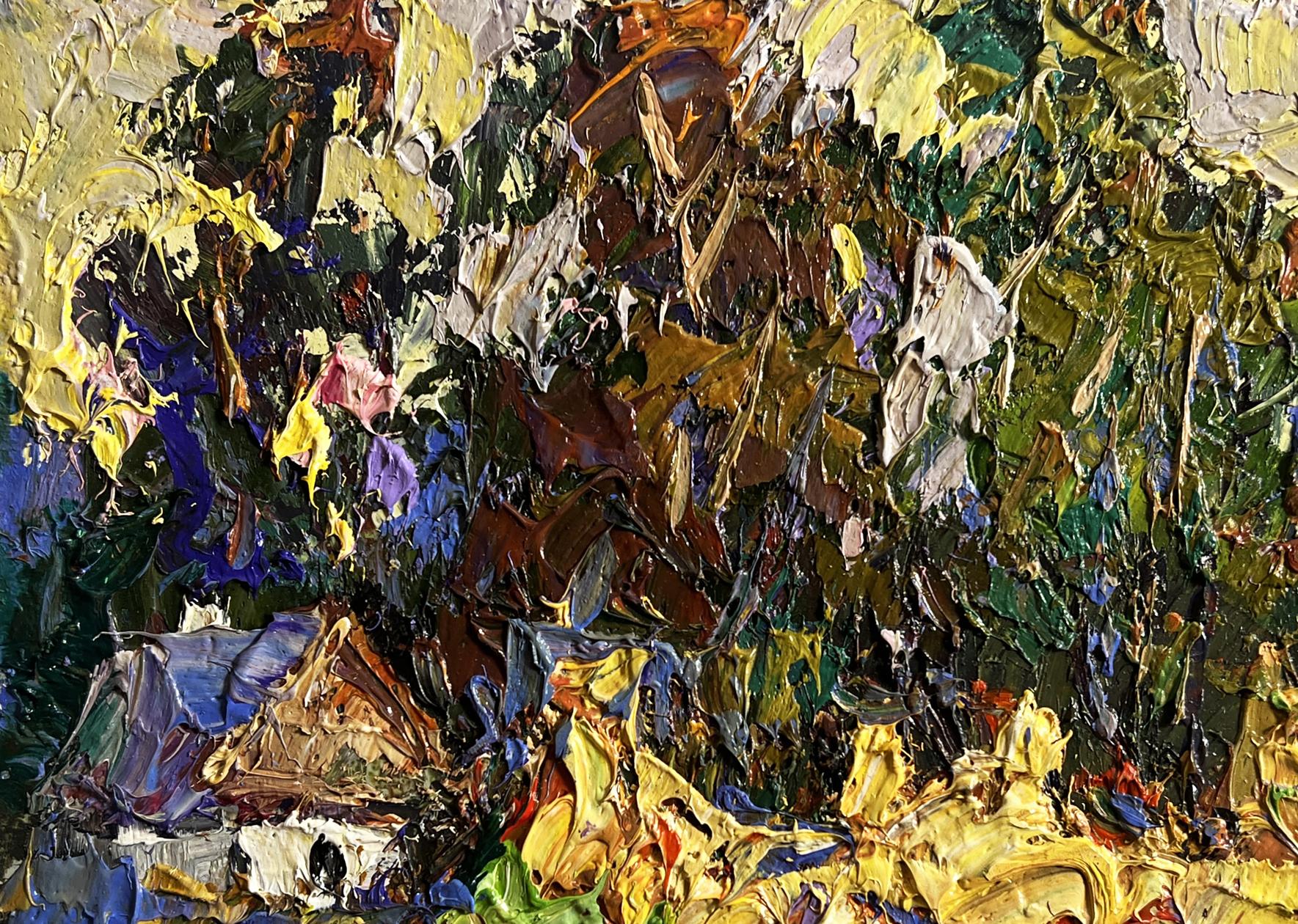 Oil painting of corn fields in village by Oleksiy Ivanyuk