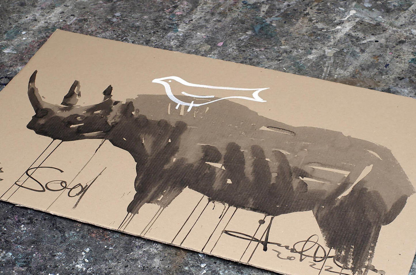 Minimalist black and white rhinoceros acrylic painting by Soul Dima Filatov