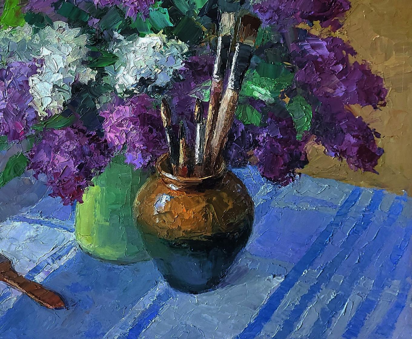 Oil painting Still life with lilac by Boris Serdyuk, rustic vase with purple white lilacs