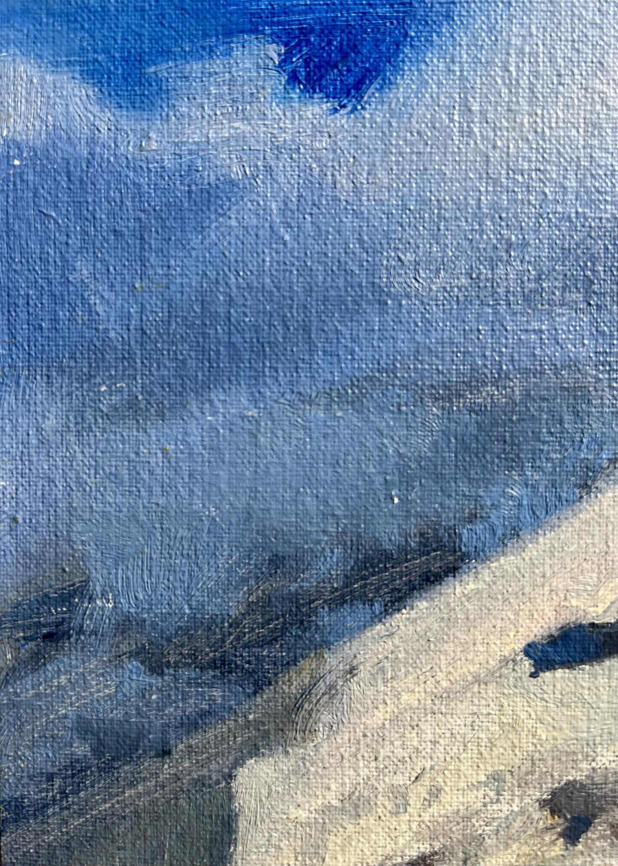 Oil painting of snowy mountain top by Tatyana Derdey with blue clouds