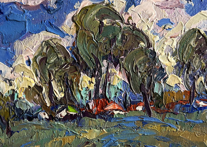 Impasto oil painting by Oksana Ivanyuk: green trees, clouds over village