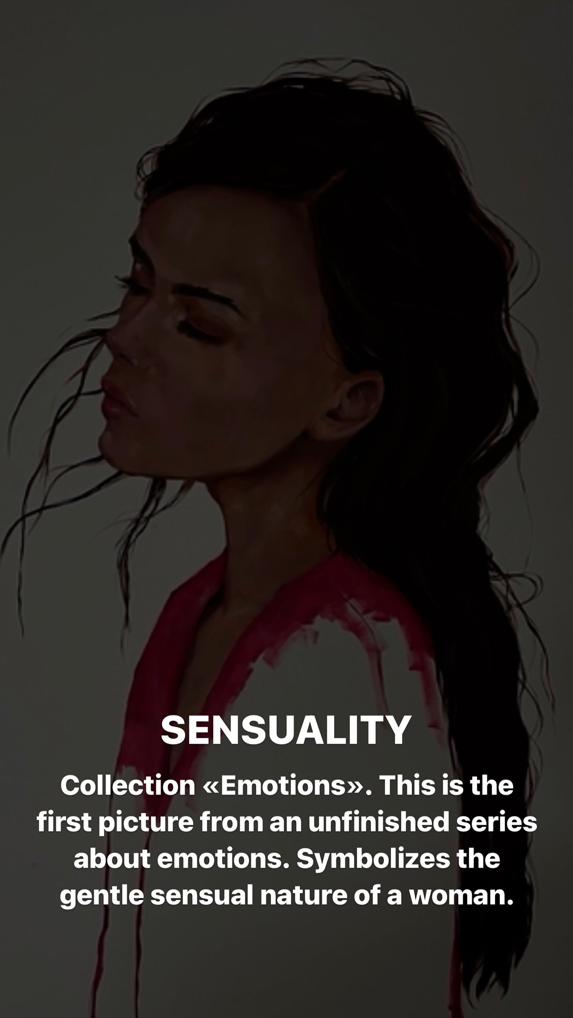 Oil painting Expressiveity by Victoria Kagalovska: woman with dark wet hair in red top