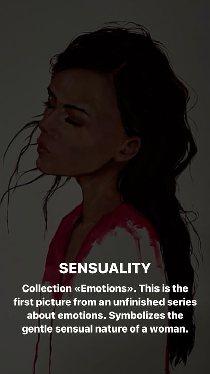 Oil painting Expressiveity by Victoria Kagalovska: woman with dark wet hair in red top