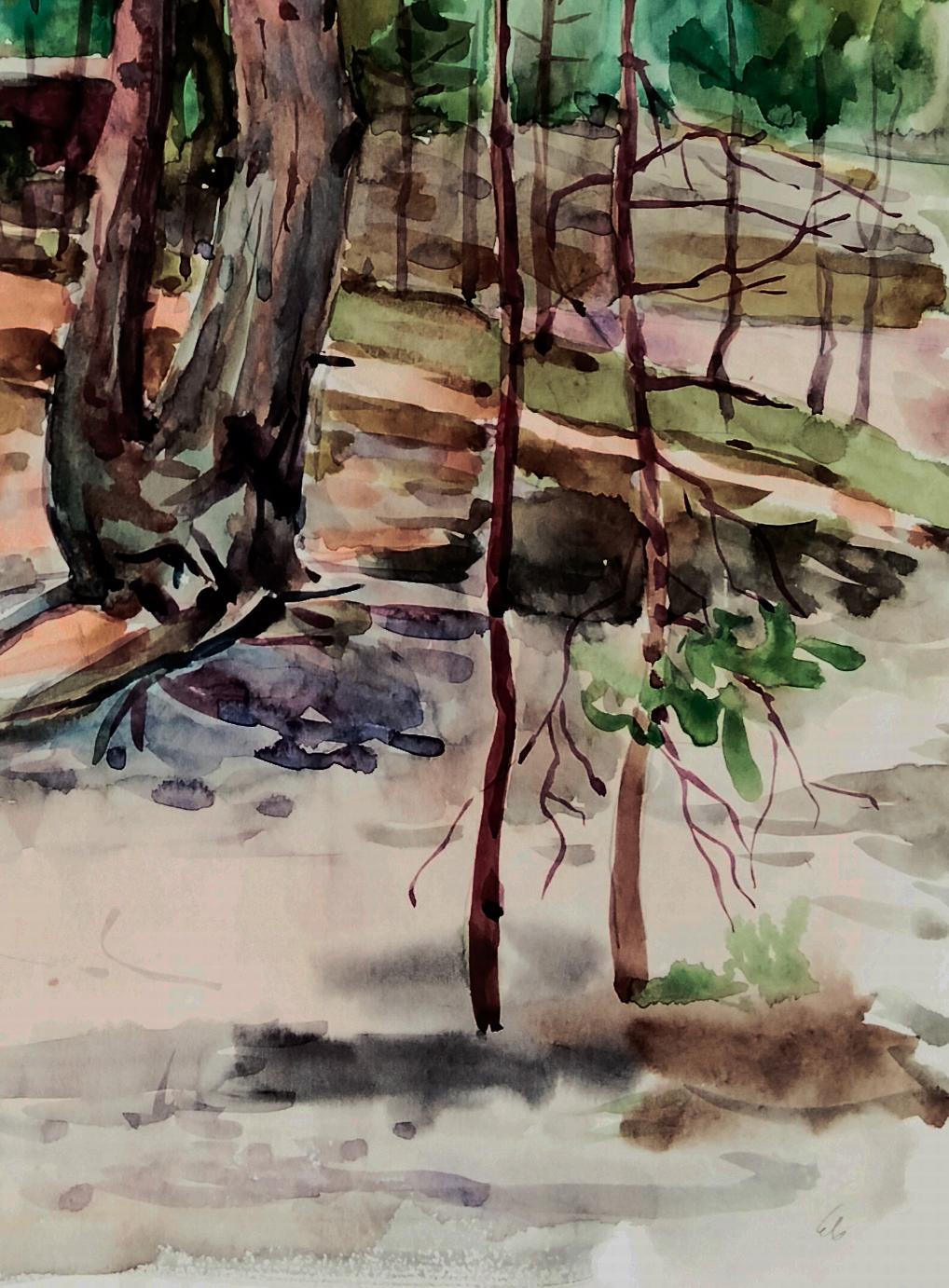 Watercolor forest painting by Vitaly Duhnevich in earthy tones