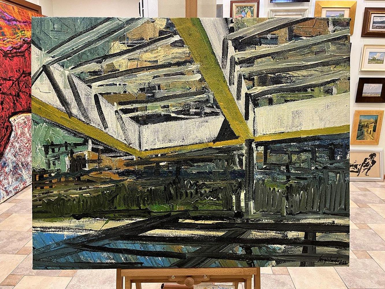 Oil painting Safe places Serhiy Kovalev abstract green yellow black white interior