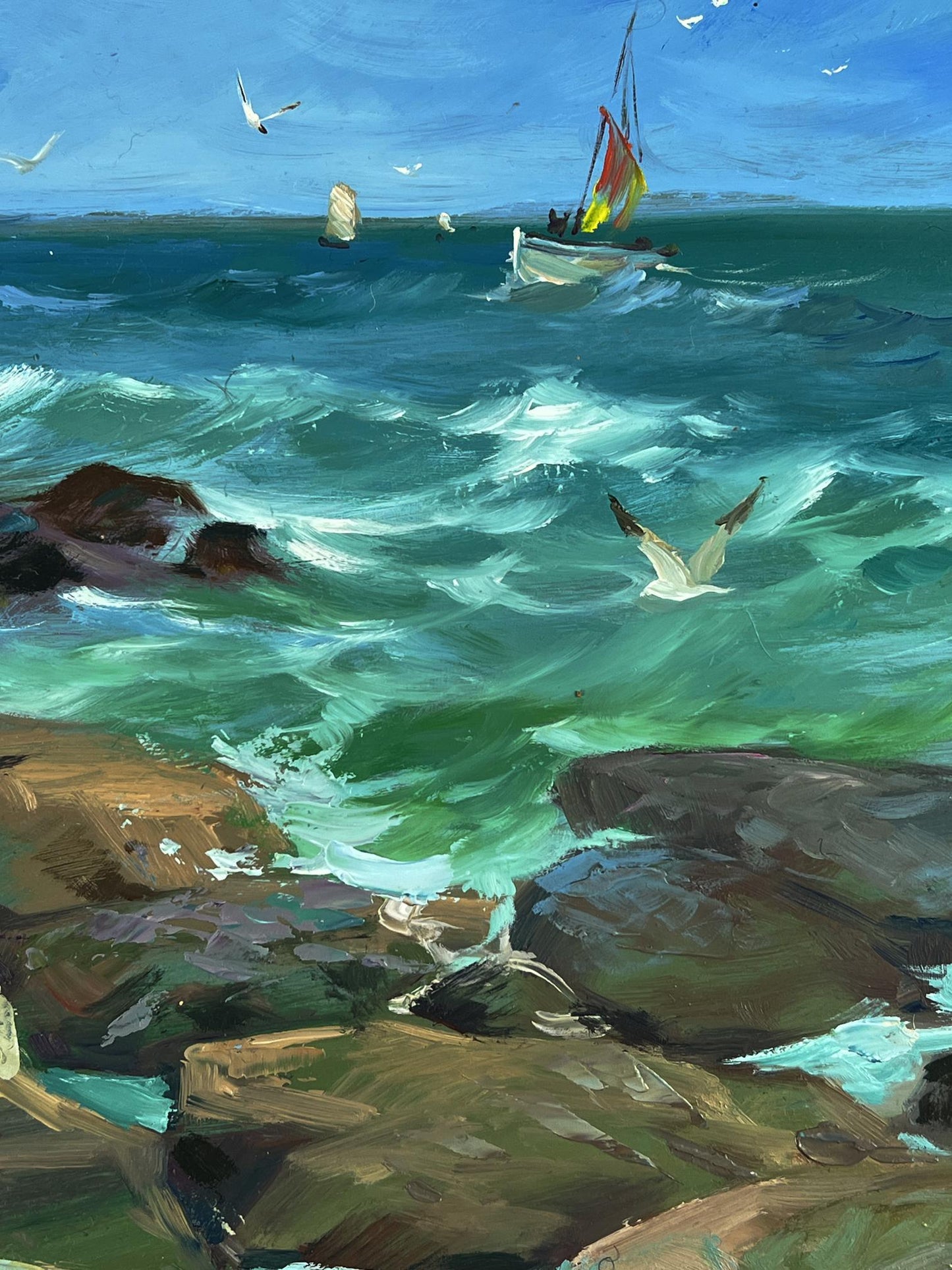 Vibrant oil painting of sailboat in choppy turquoise waves by Yuriy Suprunchuk