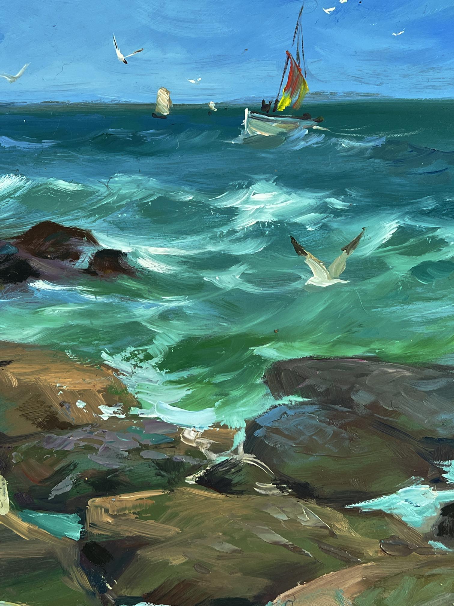 Vibrant oil painting of sailboat in choppy turquoise waves by Yuriy Suprunchuk