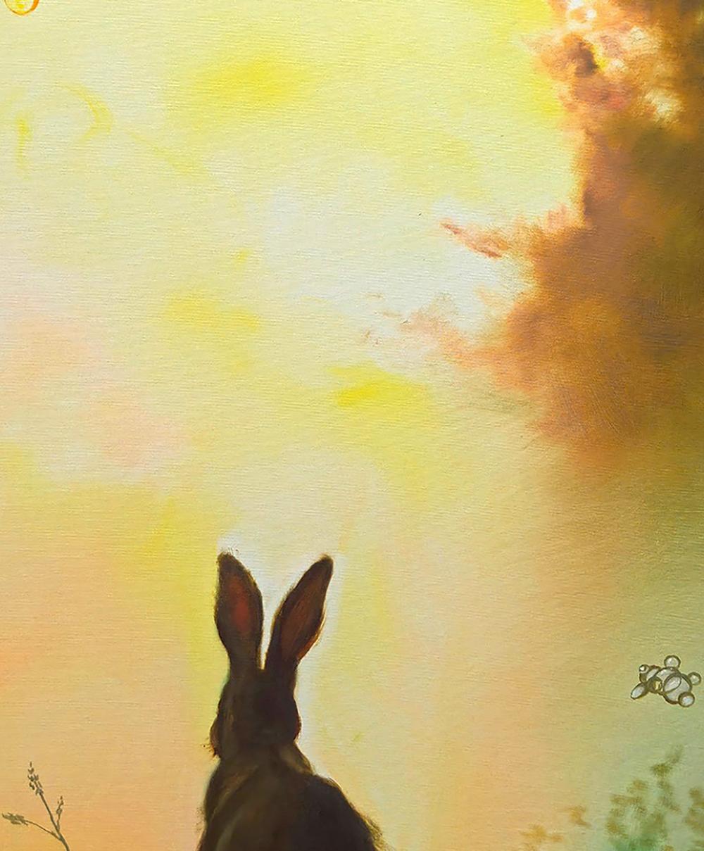 Dark silhouette of Igor Konovalovs oil painting Hare in the Fog against warm gradient sky