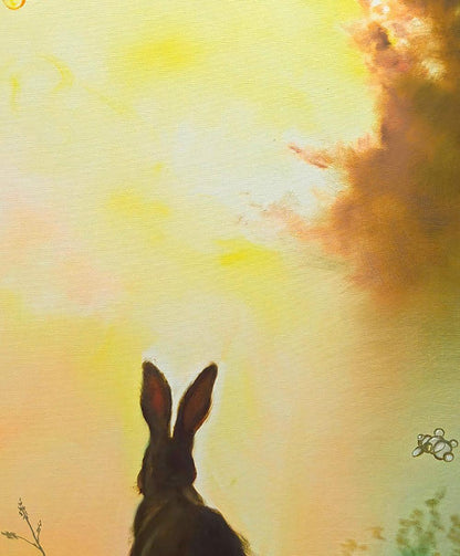Dark silhouette of Igor Konovalovs oil painting Hare in the Fog against warm gradient sky