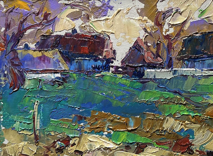 Vibrant impressionist oil painting Sunset behind the houses by Oleksiy Ivanyuk