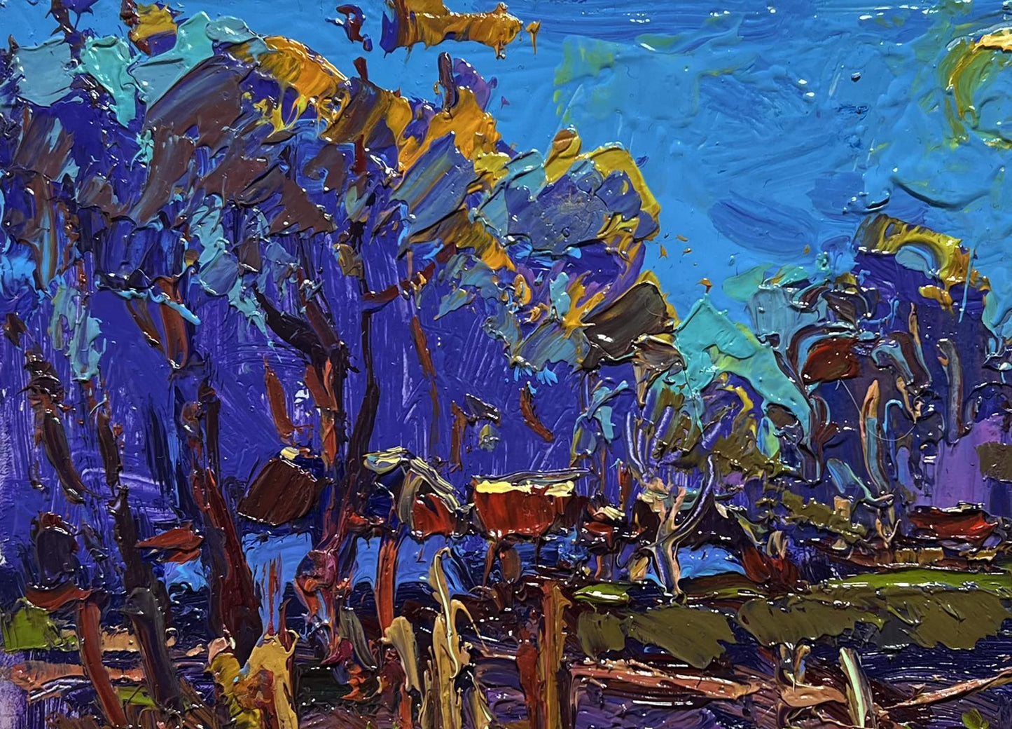 Oil painting Moonlight blue by Oksana Ivanyuk with stylized trees