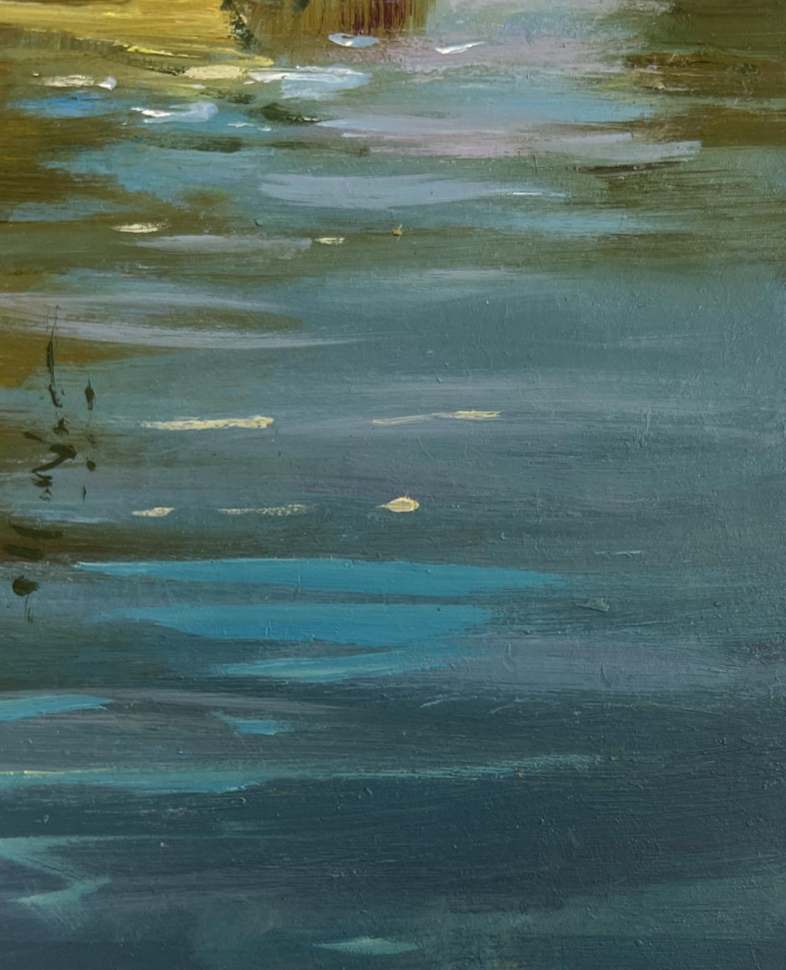 Oil painting of serene teal river boat ride by Yuriy Suprunchuk