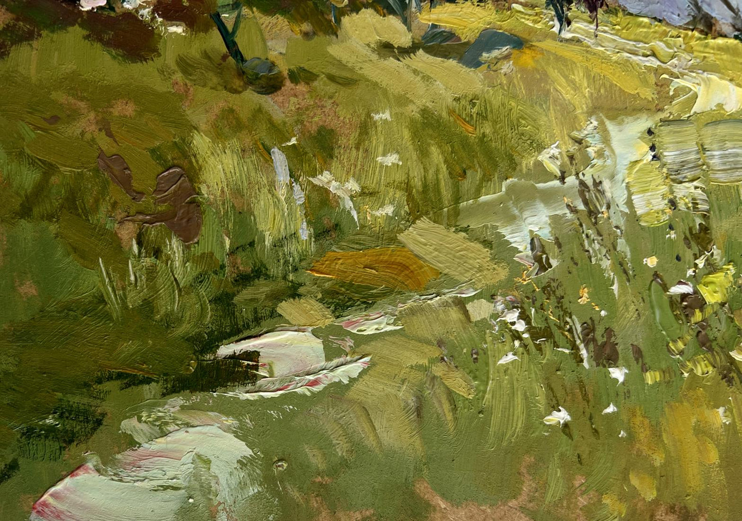 Oil painting The road to the church by Yuriy Suprunchuk grassy landscape