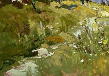 Oil painting The road to the church by Yuriy Suprunchuk grassy landscape