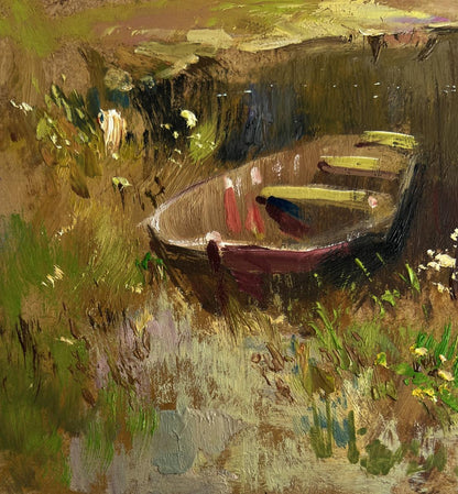 Oil painting by Yuriy Suprunchuk: rustic rowboat preparing for trip