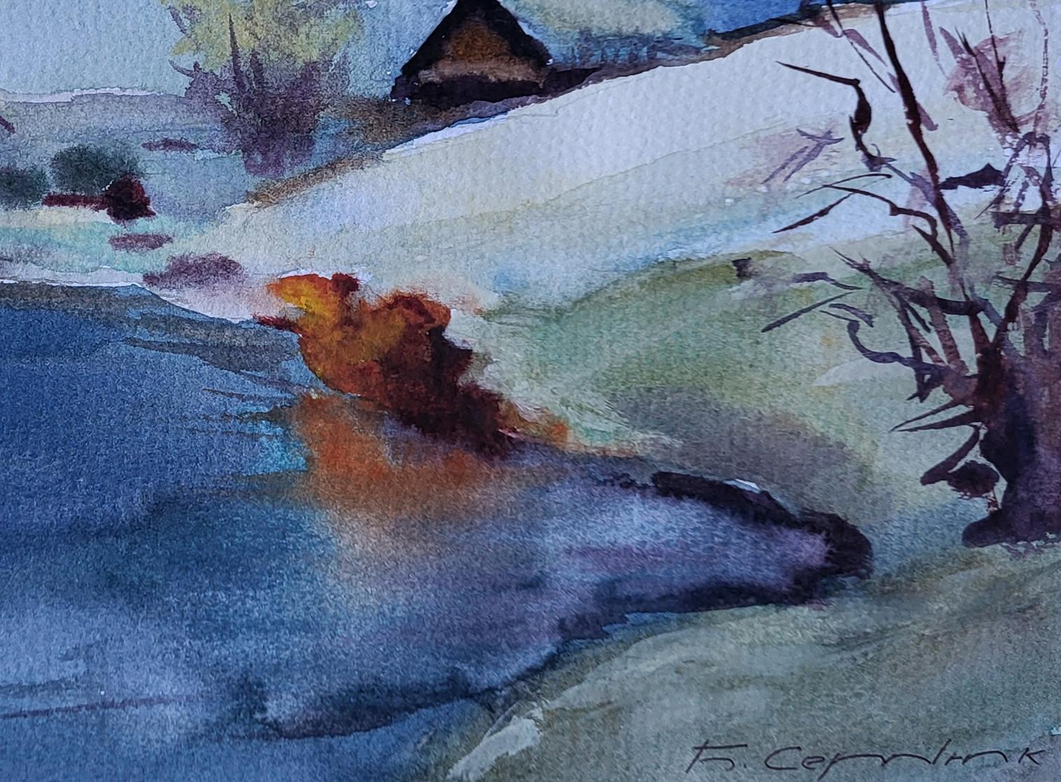 Watercolor painting Under a snowy sky by Boris Serdyuk, snowy landscape
