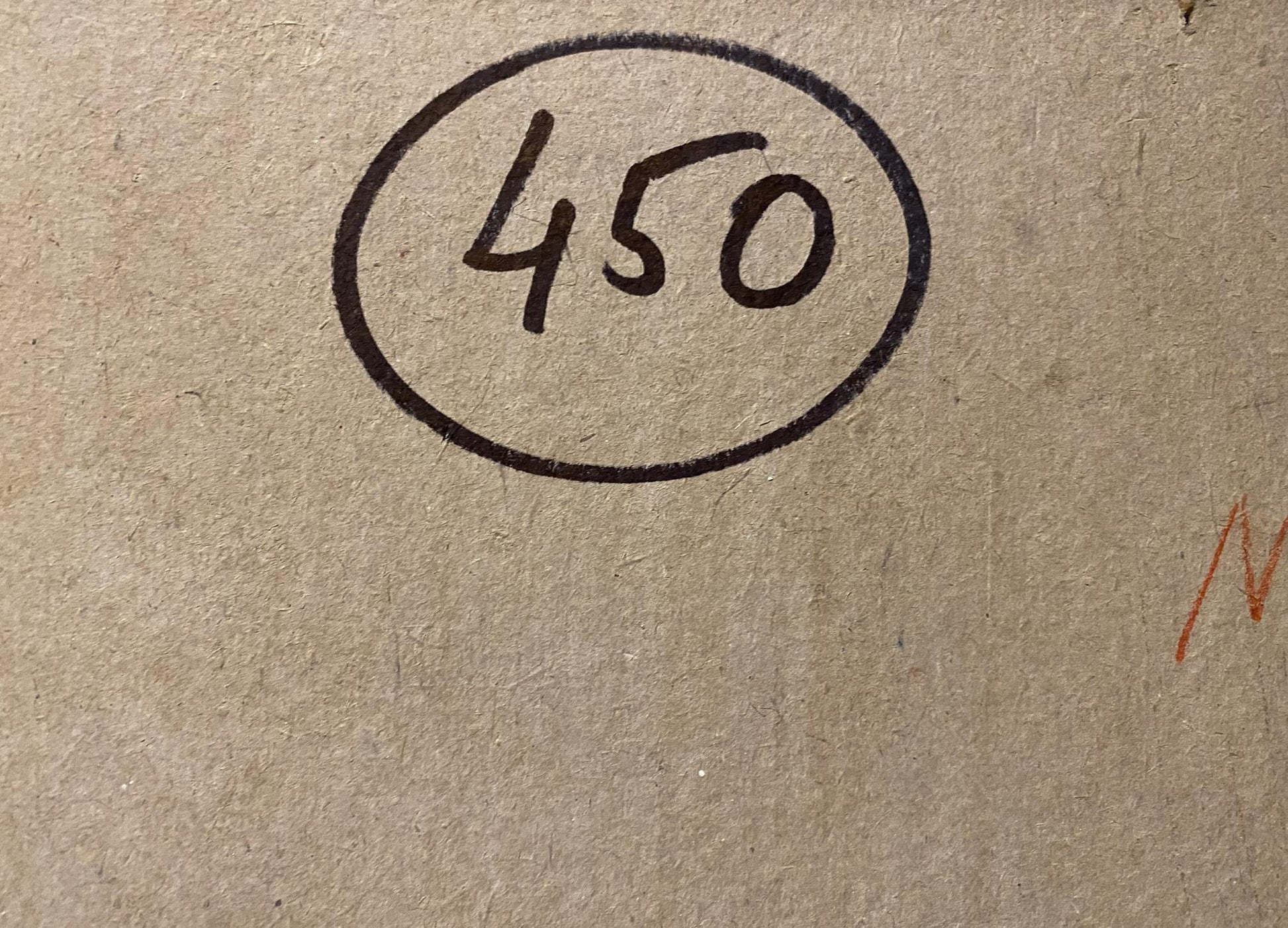 Back of Stanislav Petrashevsky oil painting March with handwritten 450 in circle on cardboard