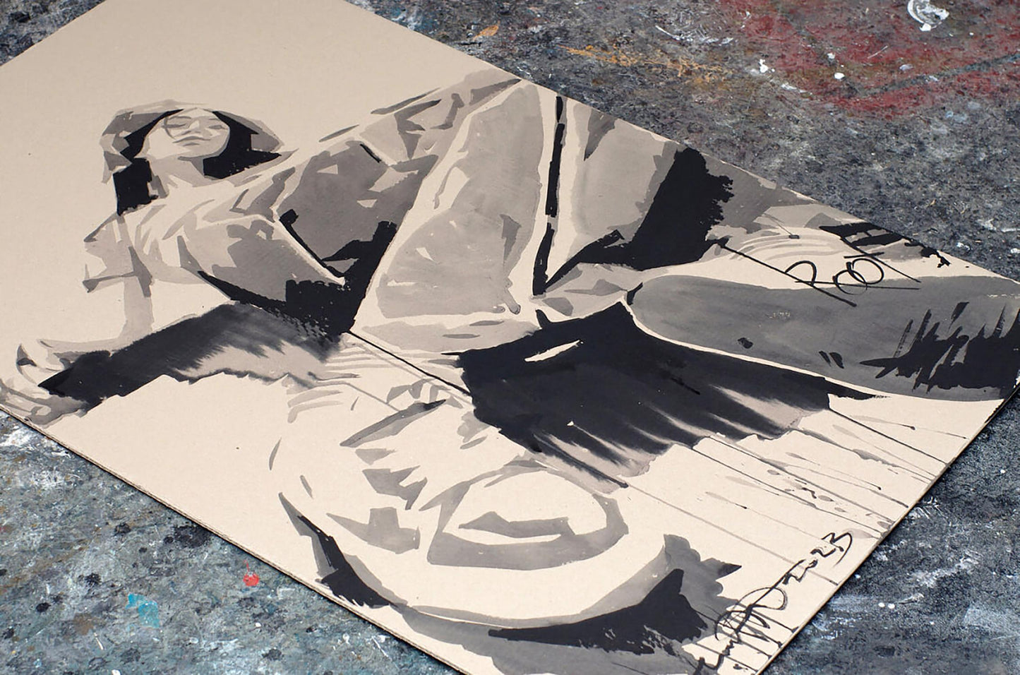 Stylized ink painting Roof by Dima Filatov: reclining skateboard figure