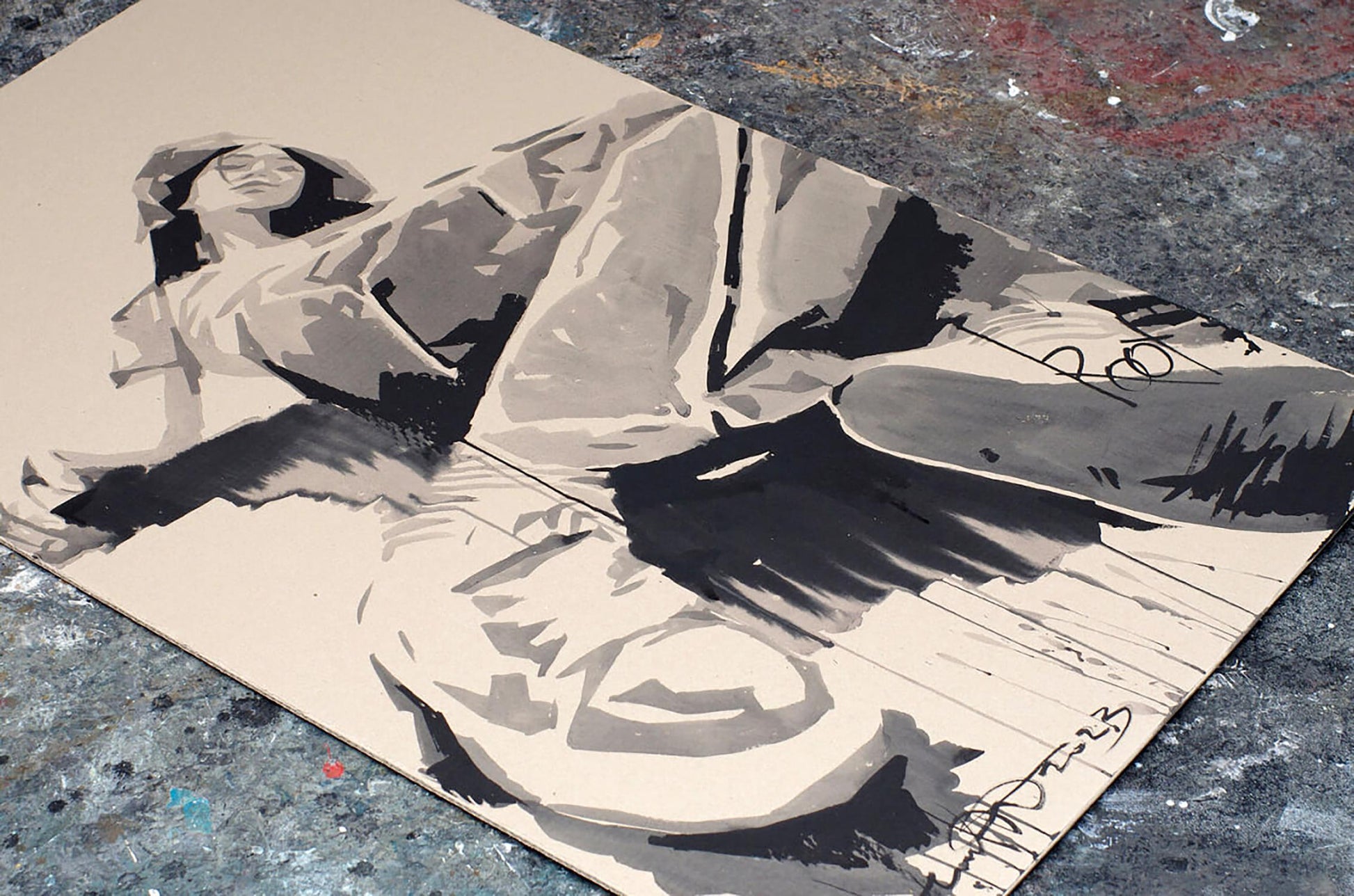 Stylized ink painting Roof by Dima Filatov: reclining skateboard figure
