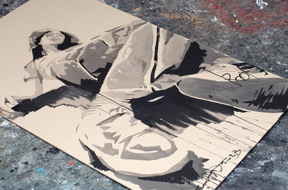 Stylized ink painting Roof by Dima Filatov: reclining skateboard figure