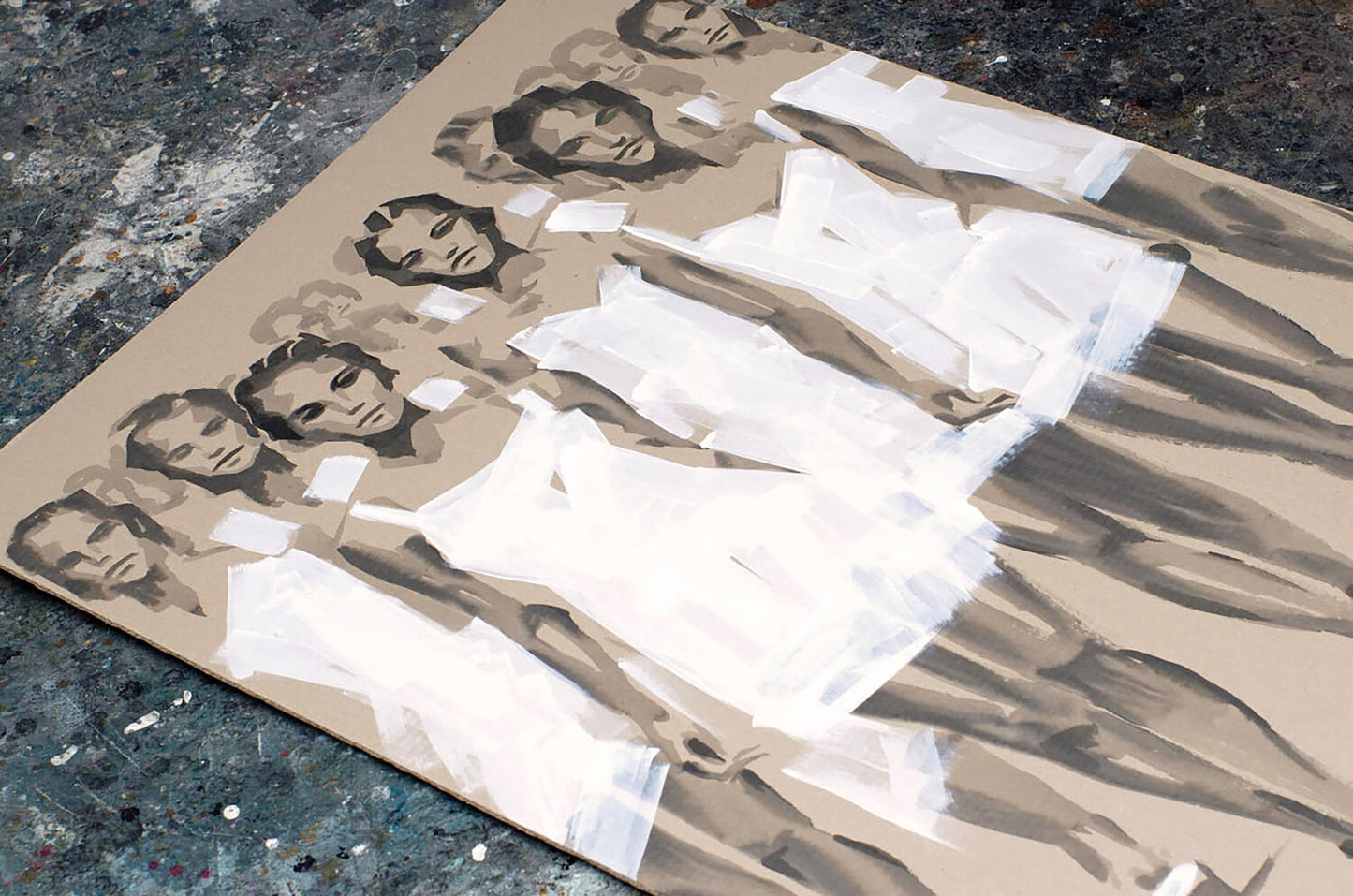 Beige sketchbook page with stylized female figures by Dima Filatov acrylic painting