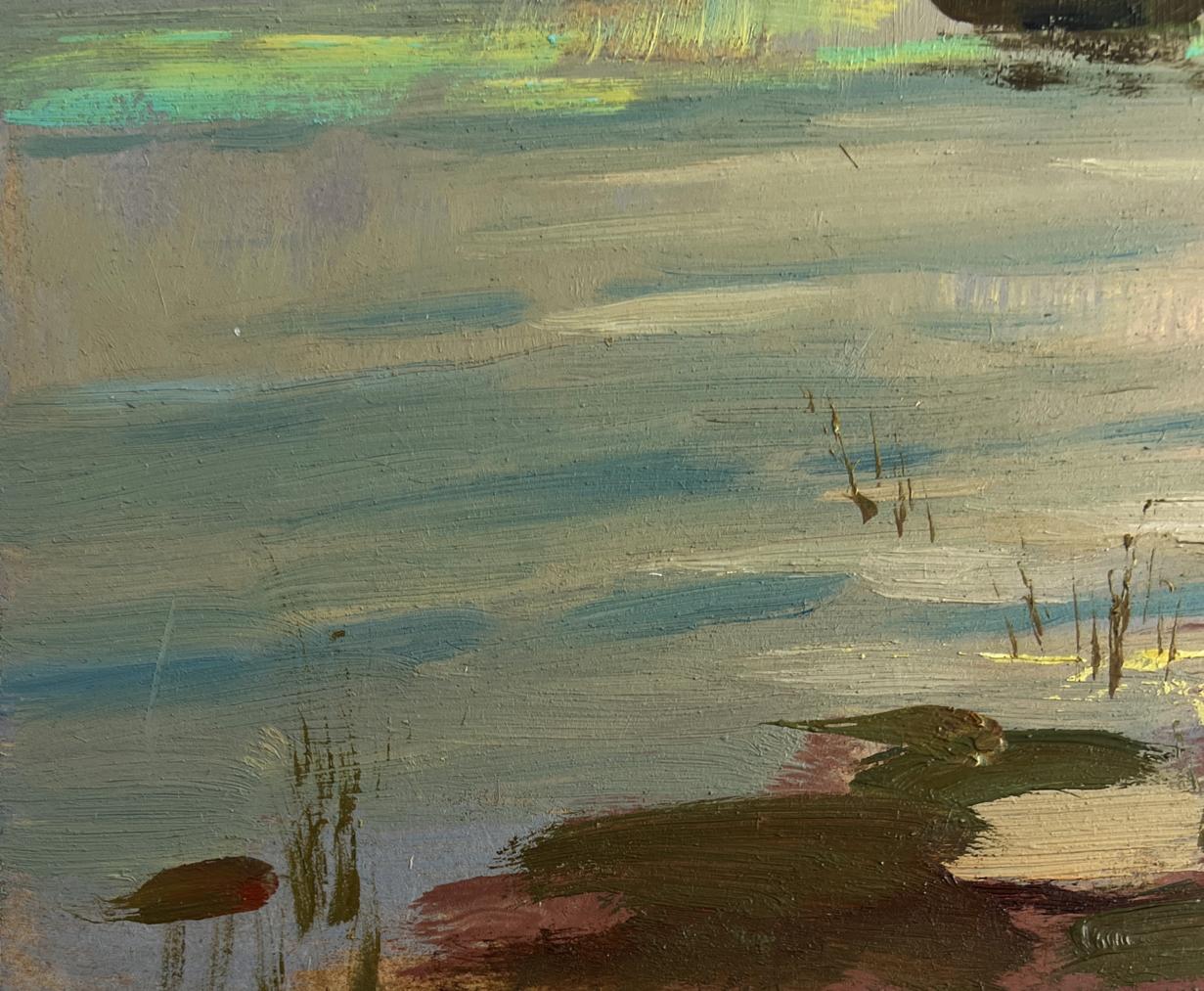 Textured oil painting of orange sunset over river by Yuriy Suprunchuk