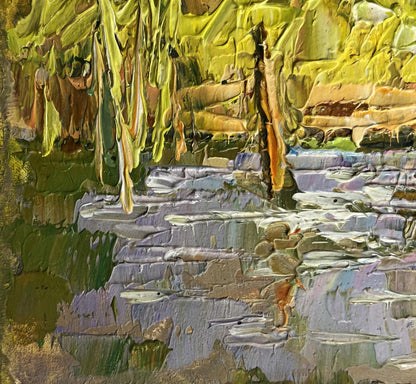 Vibrant impressionist oil painting by Oleksiy Ivanyuk of mossy stream
