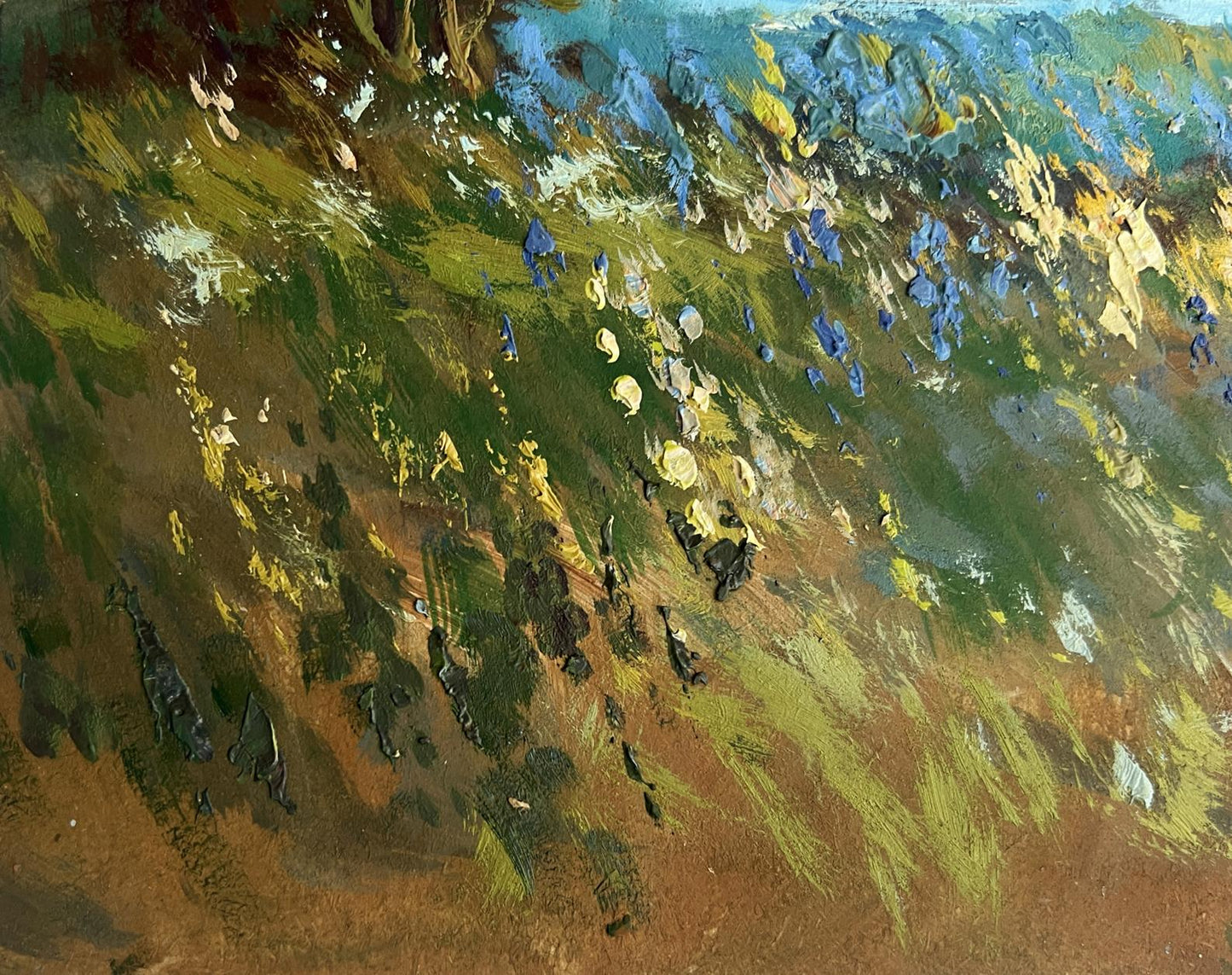 Vibrant impressionist oil painting of Yuriy Suprunchuk flower field and river hillside