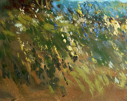 Vibrant impressionist oil painting of Yuriy Suprunchuk flower field and river hillside