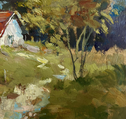 Textured impressionist oil painting of Yuriy Suprunchuks rustic white house in forest