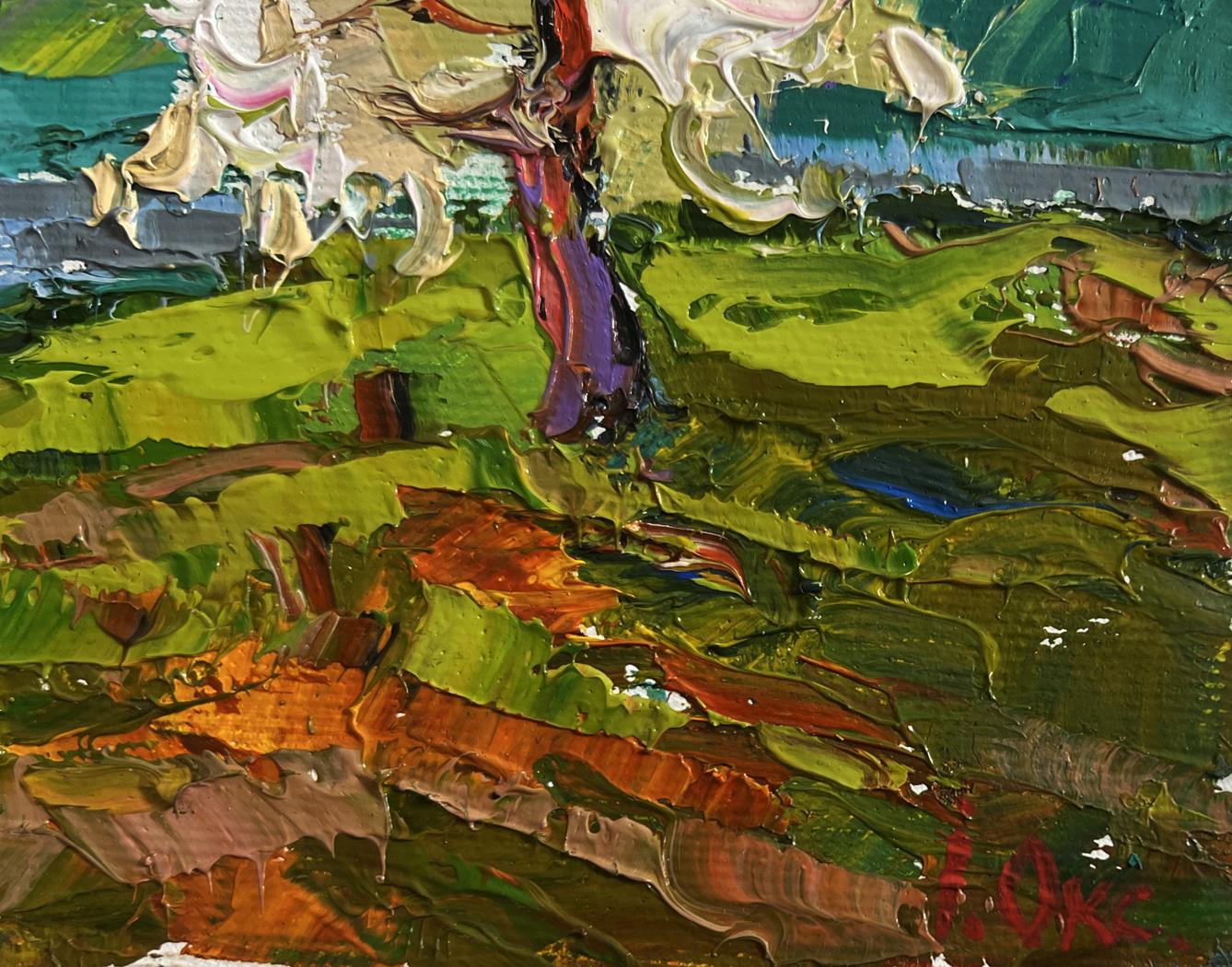 Vibrant impressionist oil painting Wild pear near the river by Oksana Ivanyuk