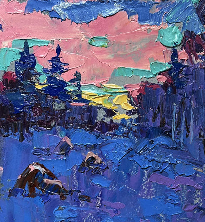 Oleksiy Ivanyuk Frosty winter evening oil painting with vibrant impasto blues pinks greens
