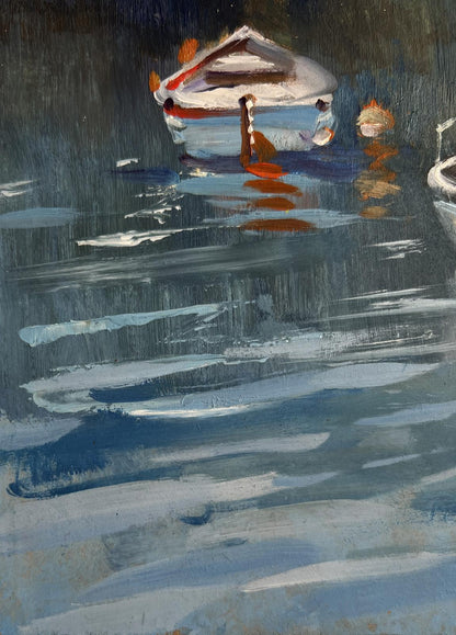 Oil painting of white red boat with oar on dark water by Yuriy Suprunchuk
