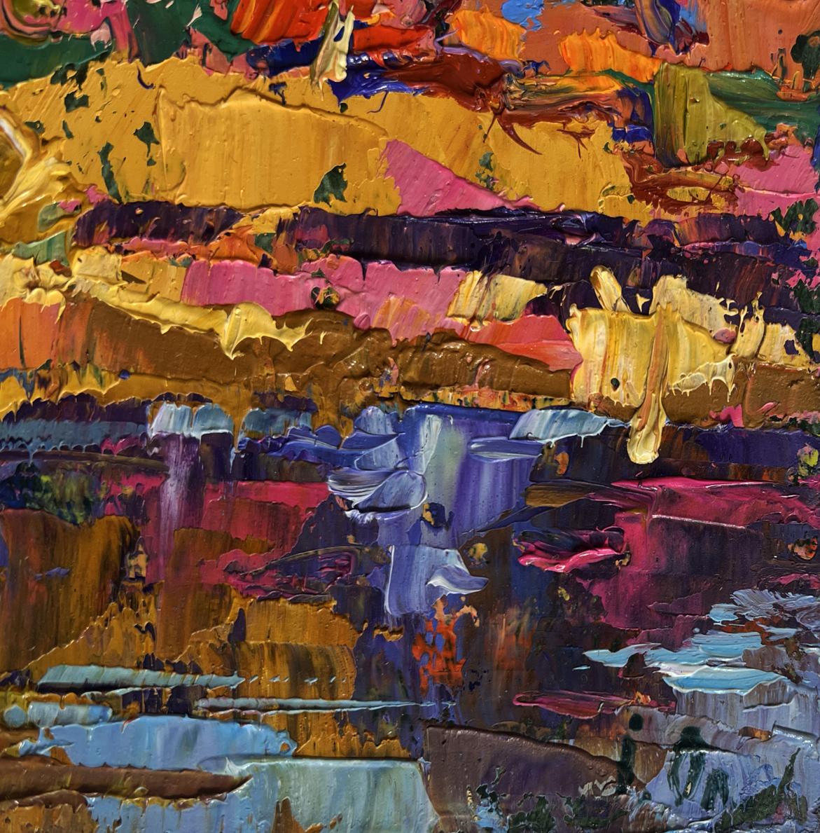 Oil painting Autumn evening by the river by Oleksiy Ivanyuk vibrant abstract textured layers