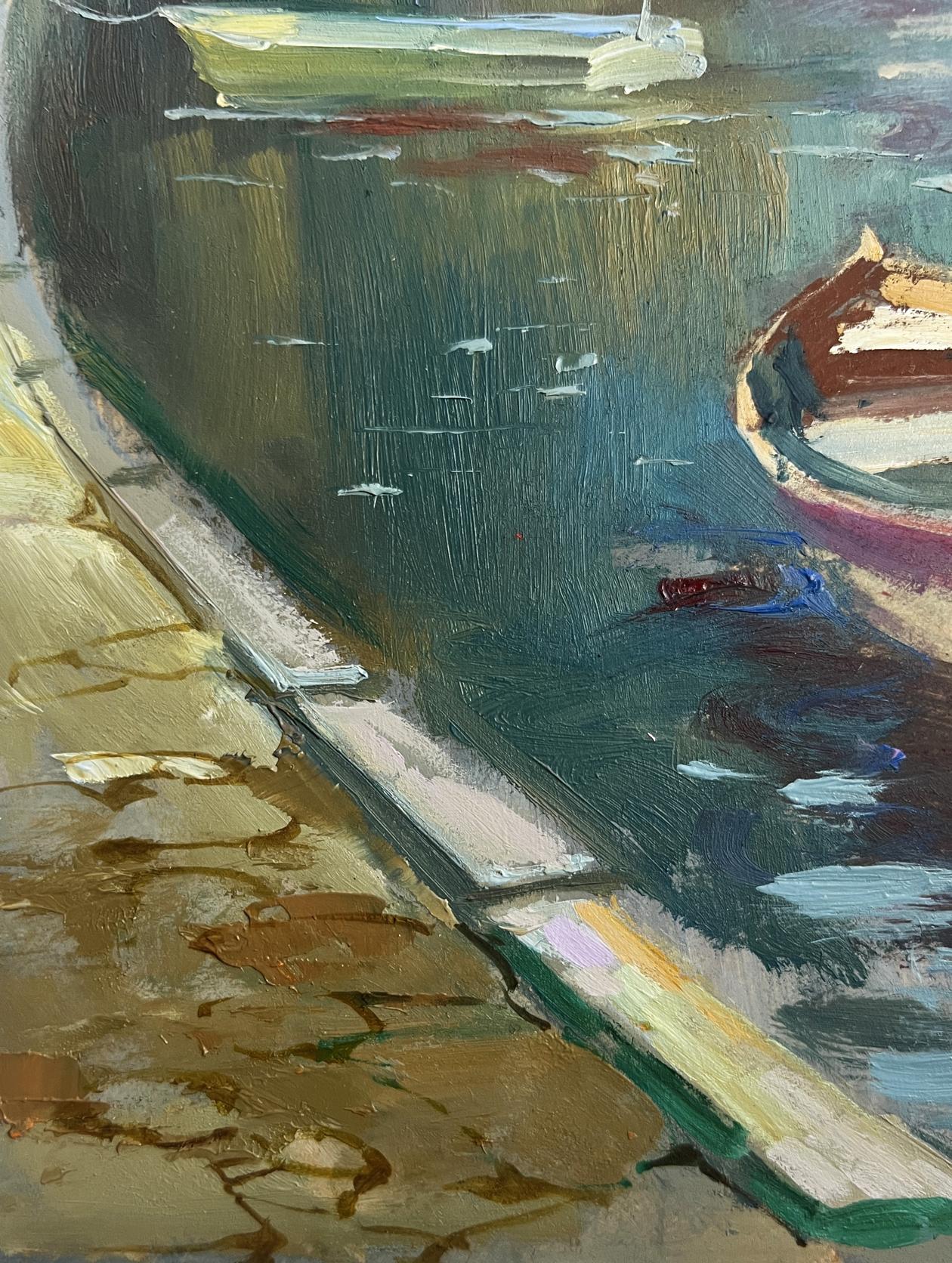 Textured oil painting of busy city port moored boat by Yuriy Suprunchuk