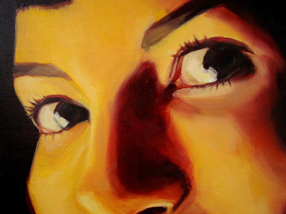 Oil painting Crazy Eyes by Yulia Lihina, close-up womans expressive face