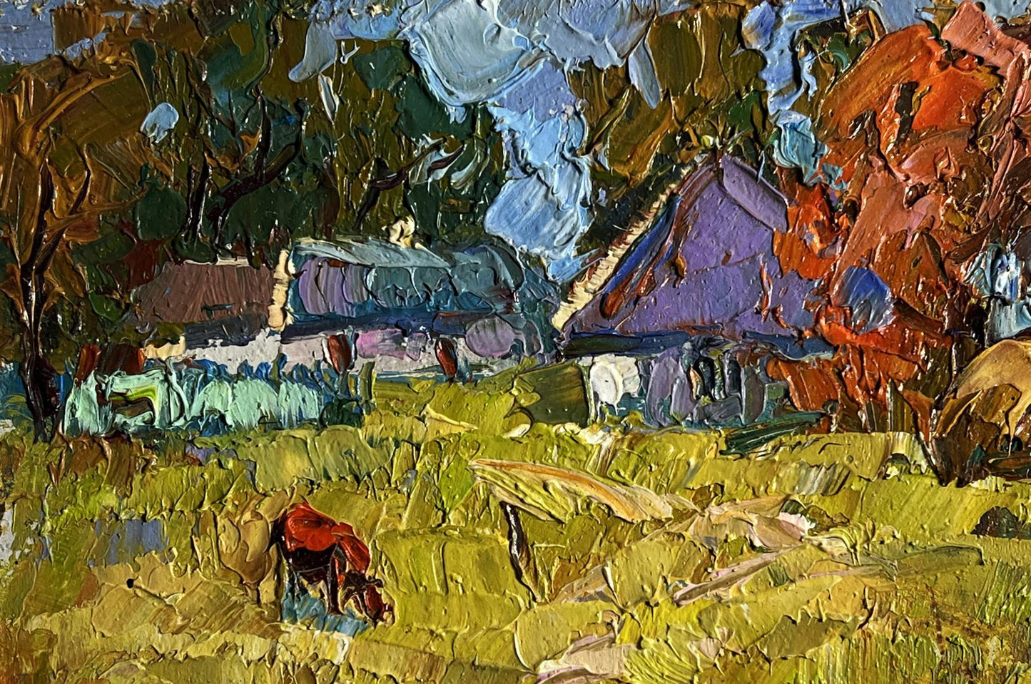 Vibrant oil painting Autumn has come to the village by Oksana Ivanyuk, red cow in field