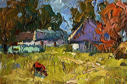 Vibrant oil painting Autumn has come to the village by Oksana Ivanyuk, red cow in field