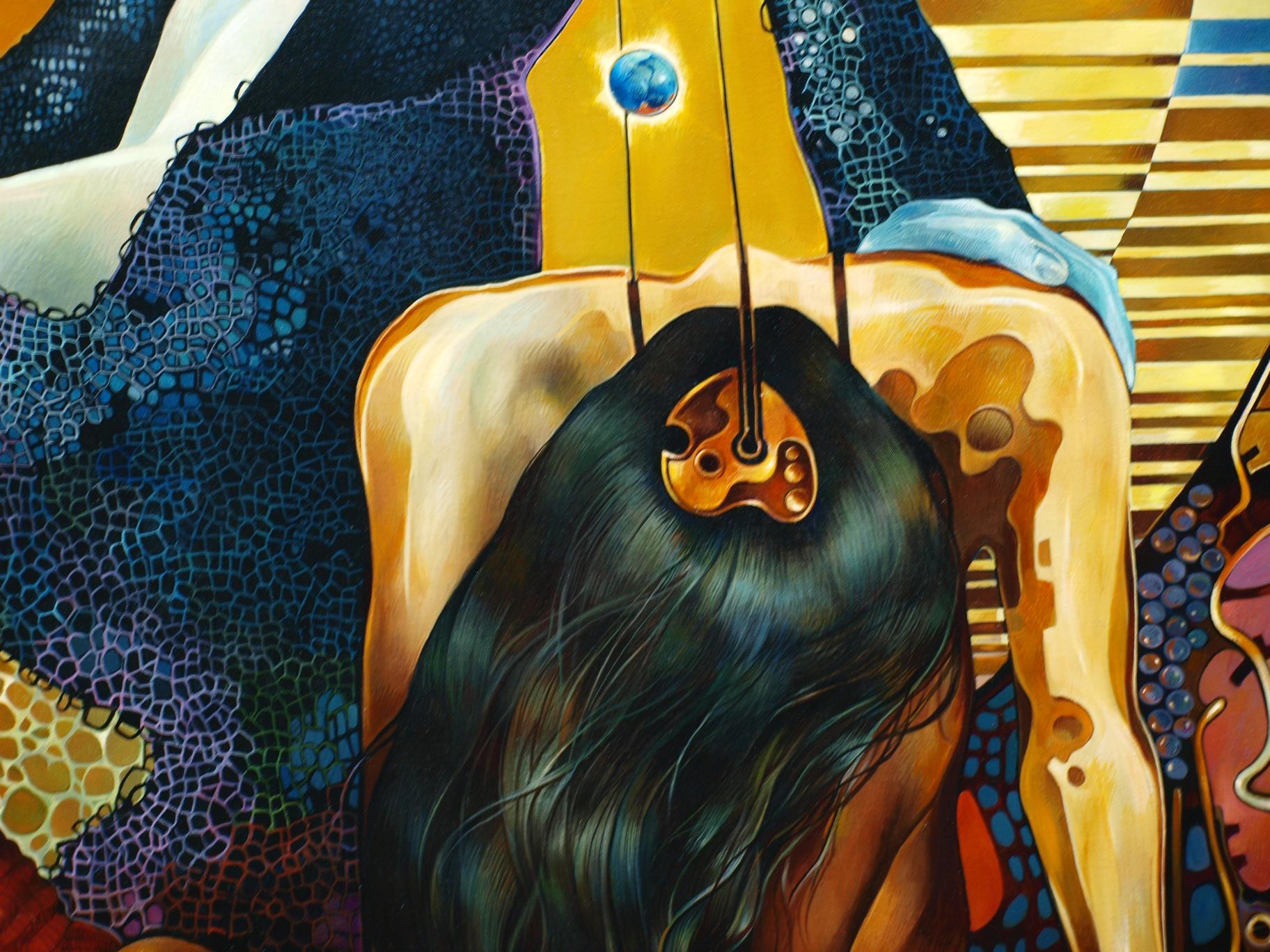 Oil painting Hiranyagarbha Konsta G. Amelinn: golden guitar pendant with blue sphere on abstract figure