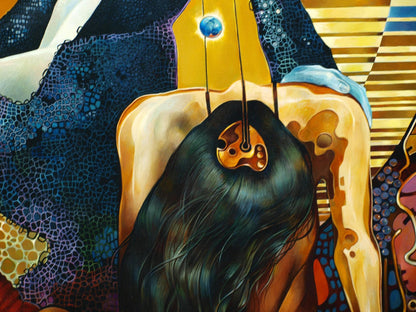 Oil painting Hiranyagarbha Konsta G. Amelinn: golden guitar pendant with blue sphere on abstract figure