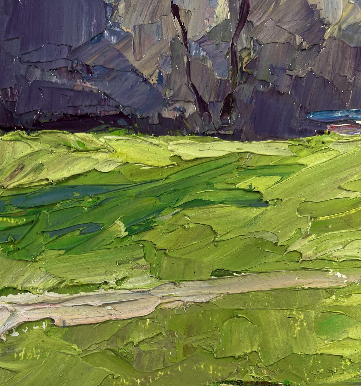 Oil painting The first rays of warm by Boris Serdyuk with green fields and cliffs