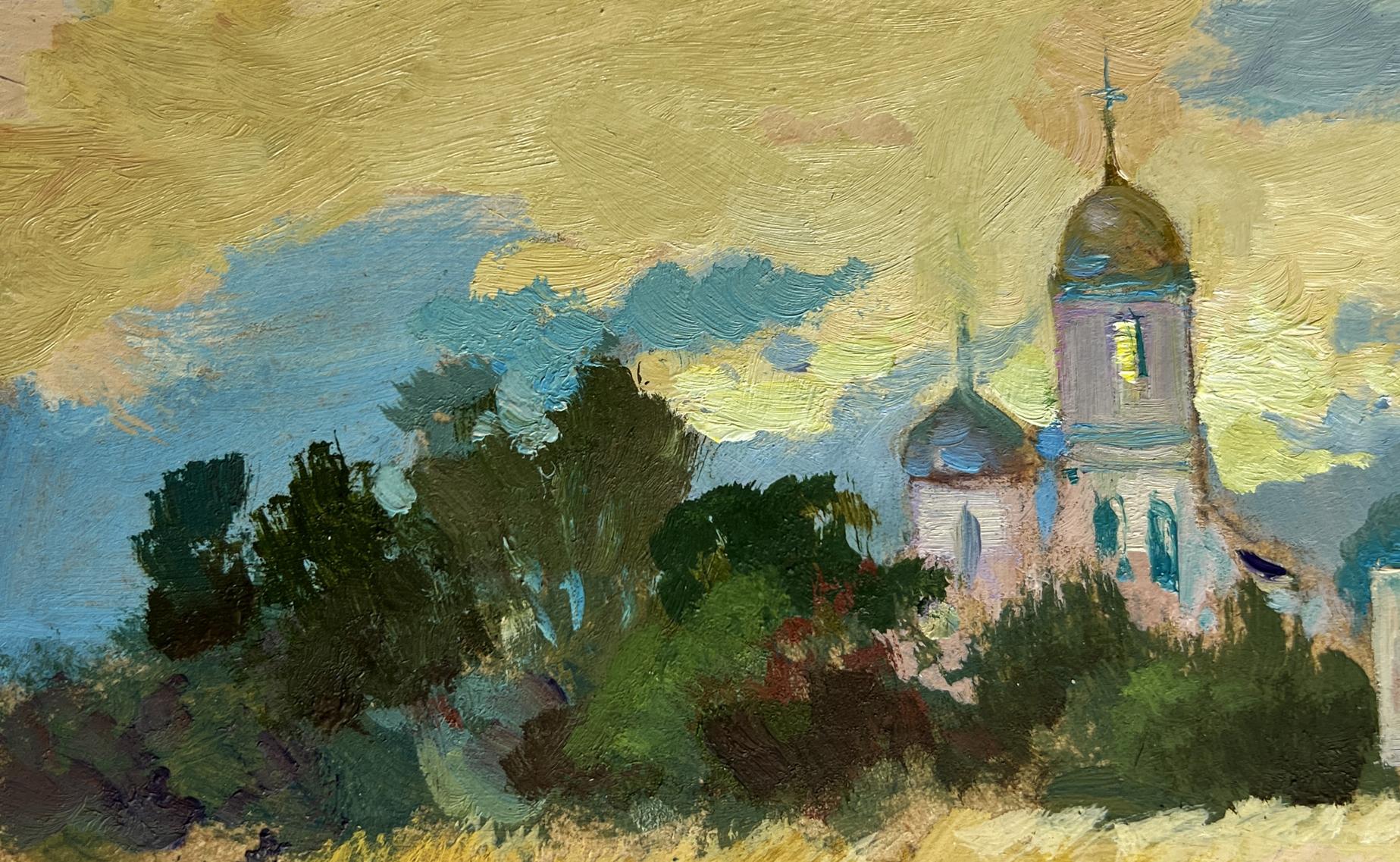 Oil painting of golden fields sunset church by Yuriy Suprunchuk