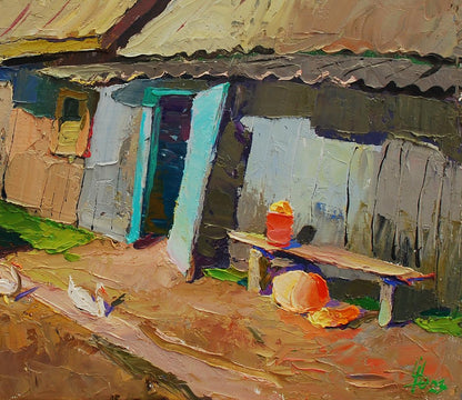Oil painting of rustic wooden bench under corrugated roof in cottage yard by Egor Shvachunov