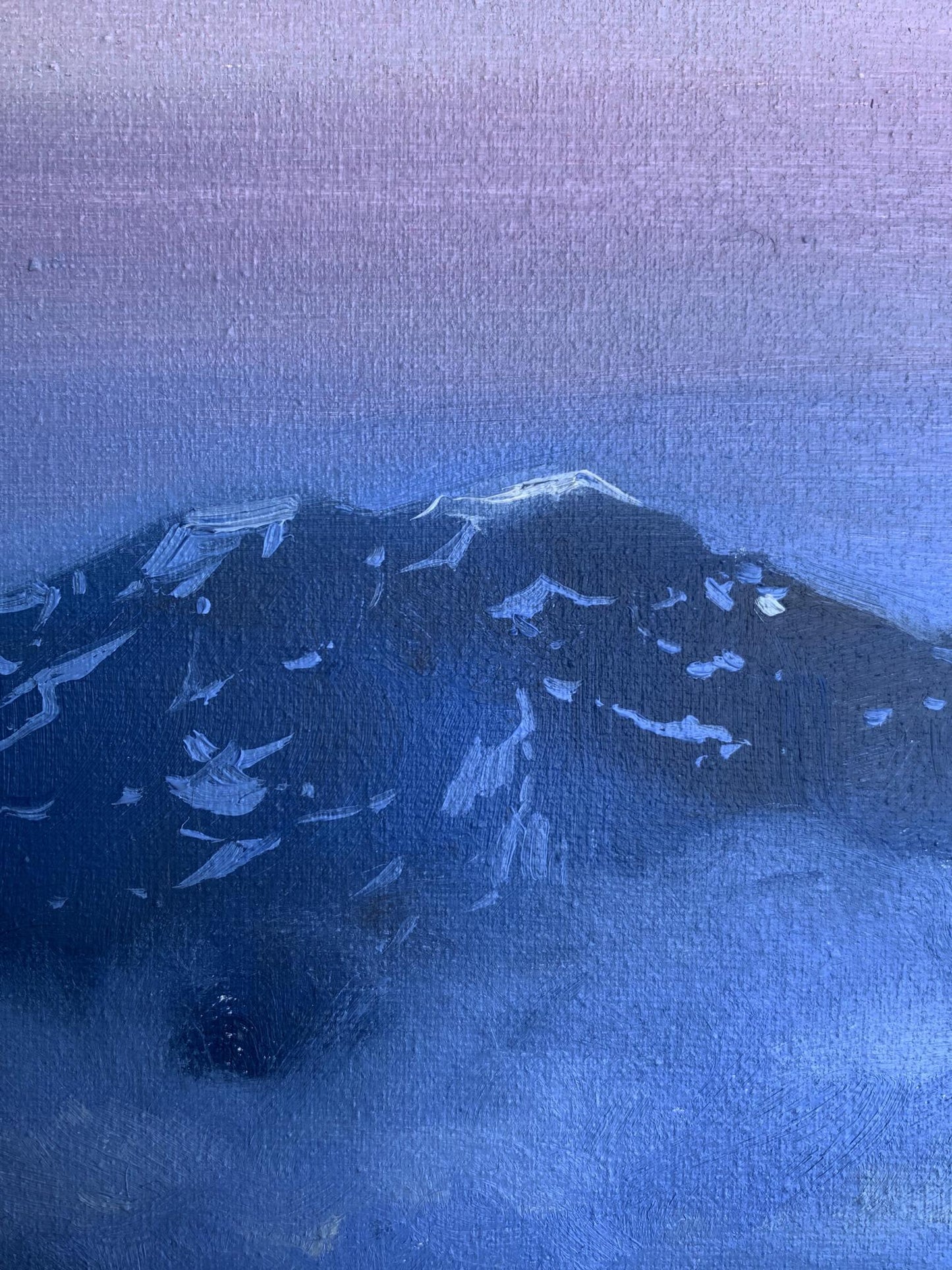 Oil painting Snowy mountains Tatyana Derdey serene blue purple peaks